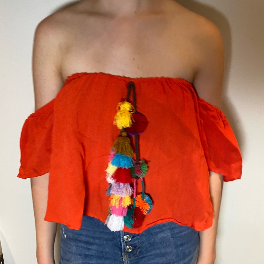 Red Orange Strapless Top with Colorful Tassels